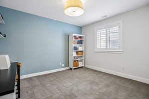 Carpeted room featuring a window with white plantation shutters and white trim, a built-in shelf unit, and a blue accent wall