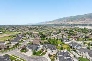 Aerial perspective showcasing a residential community with varied architectural styles
