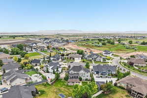 Expansive aerial perspective showcasing a residential development with varied architectural styles