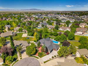 Aerial perspective showcasing a residential neighborhood with varied architectural styles