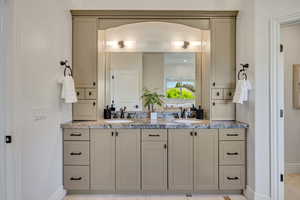 Double vanity featuring two undermount sinks with black fixtures, a stone-finish countertop, and ample cabinetry with black hardware