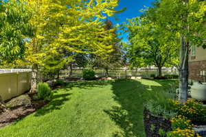 Expansive backyard featuring a lush lawn, mature trees, and established perimeter landscaping
