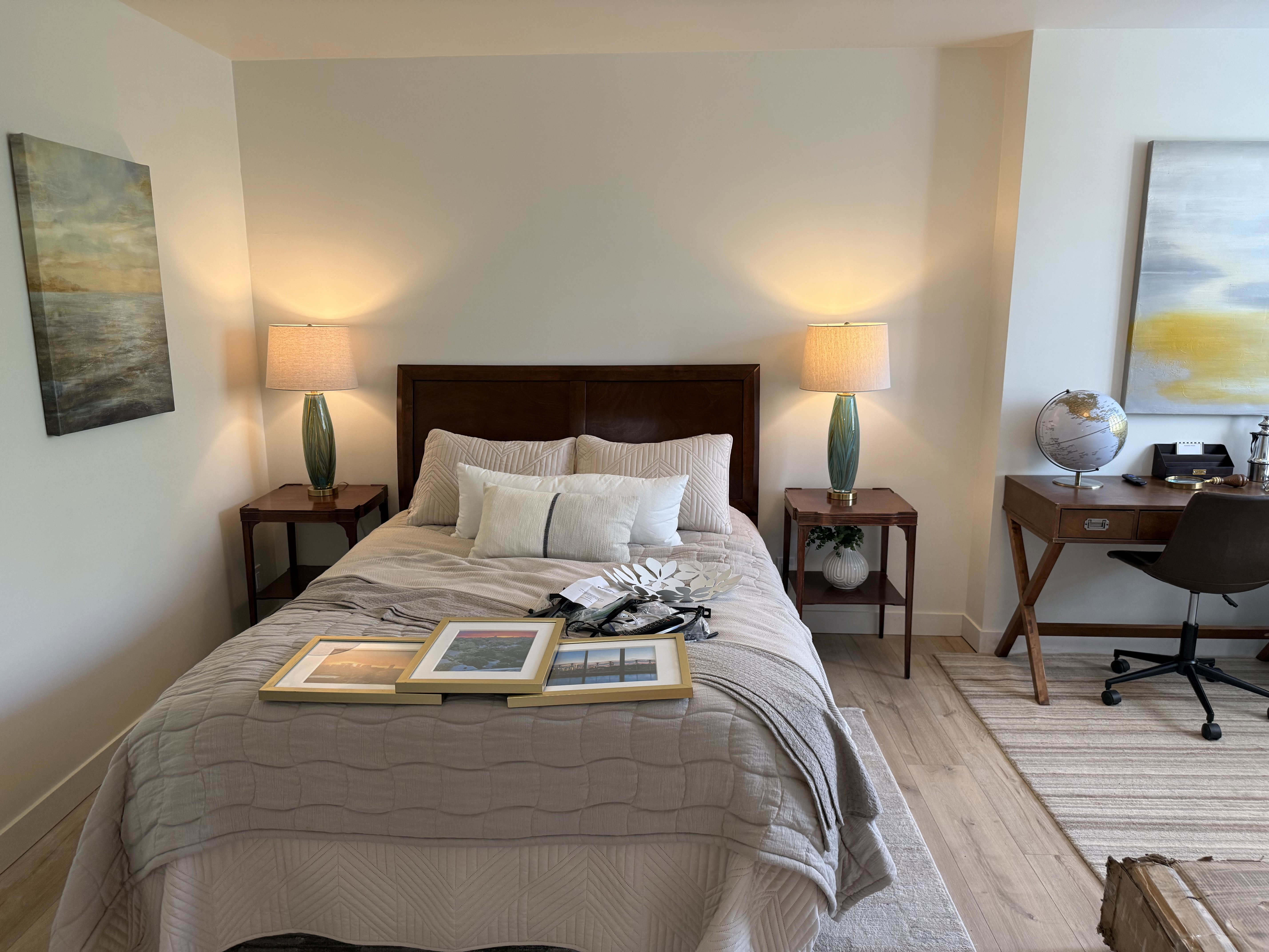 Light-toned wood-finish flooring provides a neutral base for this room