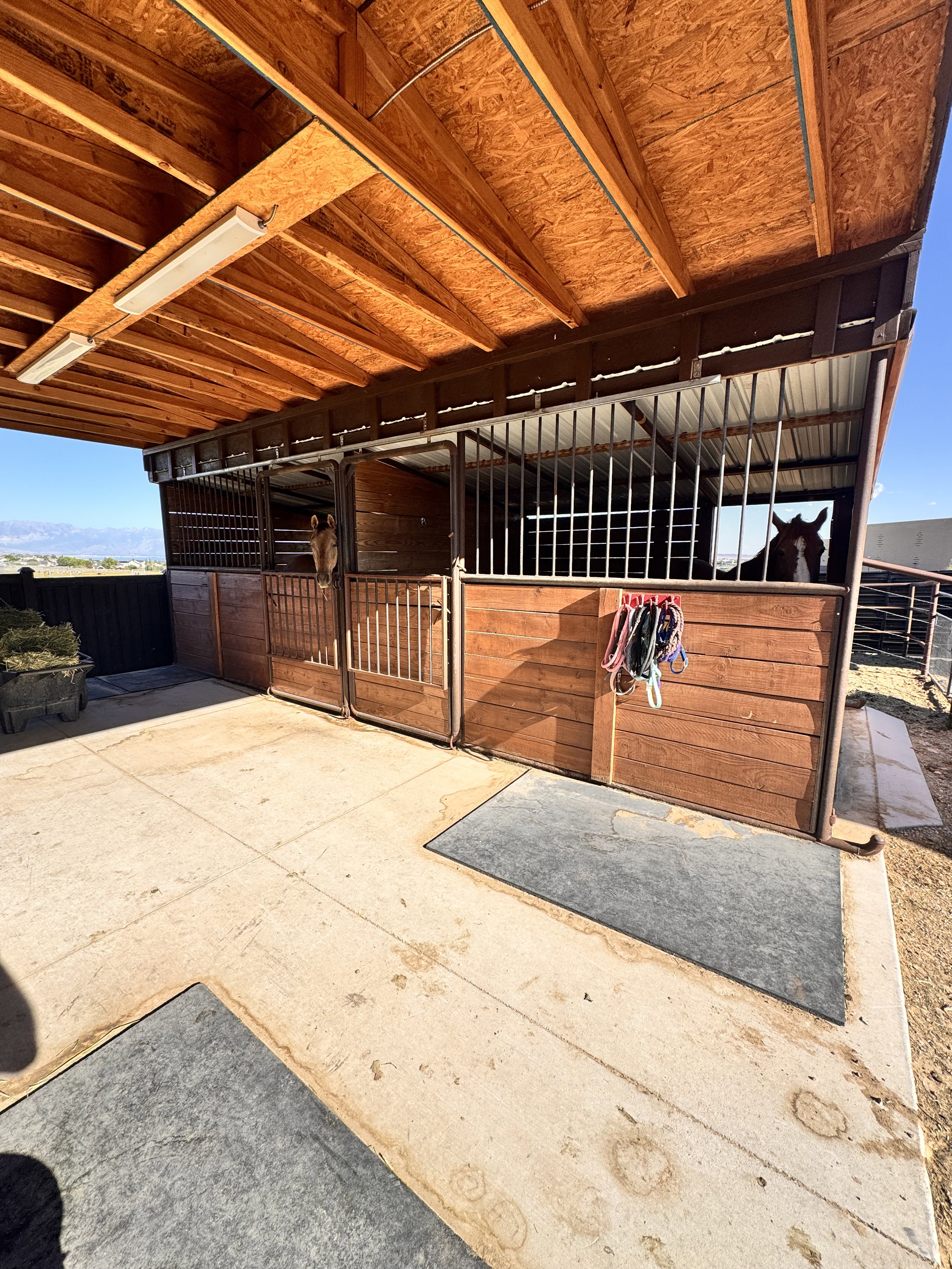 Covered stable structure featuring multiple stalls with wood-finish siding and metal bar enclosures