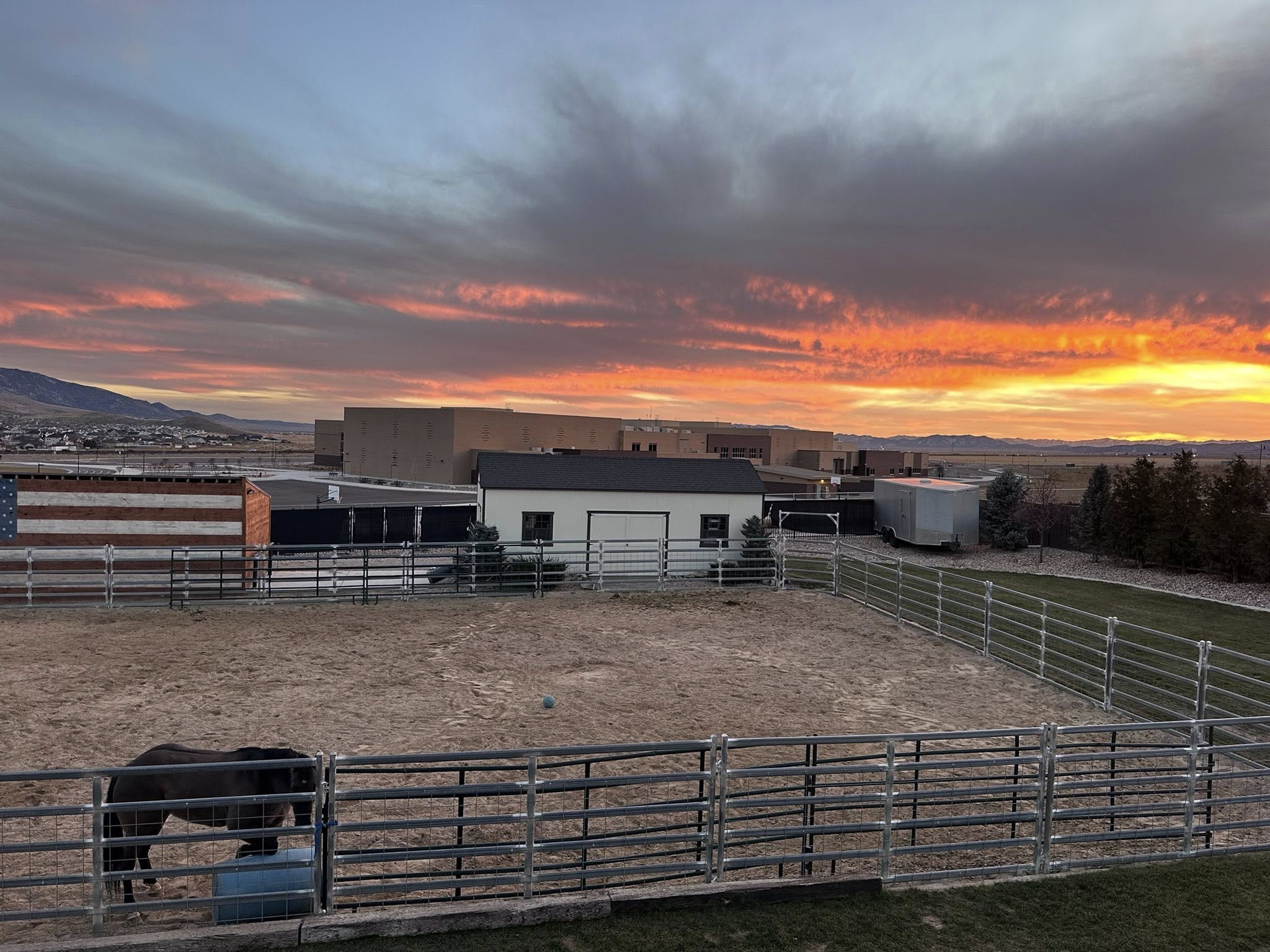 Expansive fenced equestrian arena with sand footing, accompanied by a dedicated outbuilding