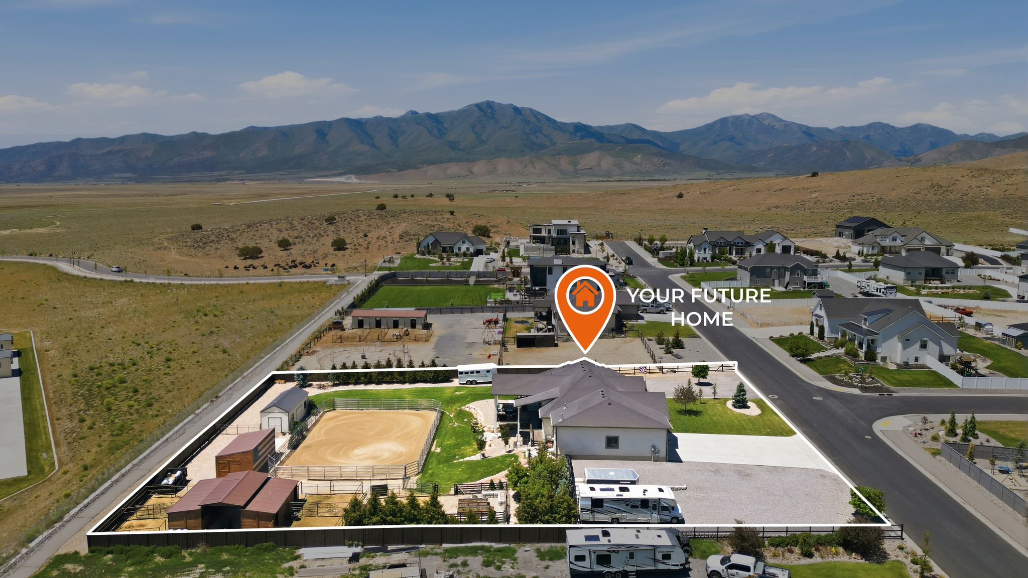 Expansive property featuring a riding arena, multiple outbuildings, and a gravel parking area