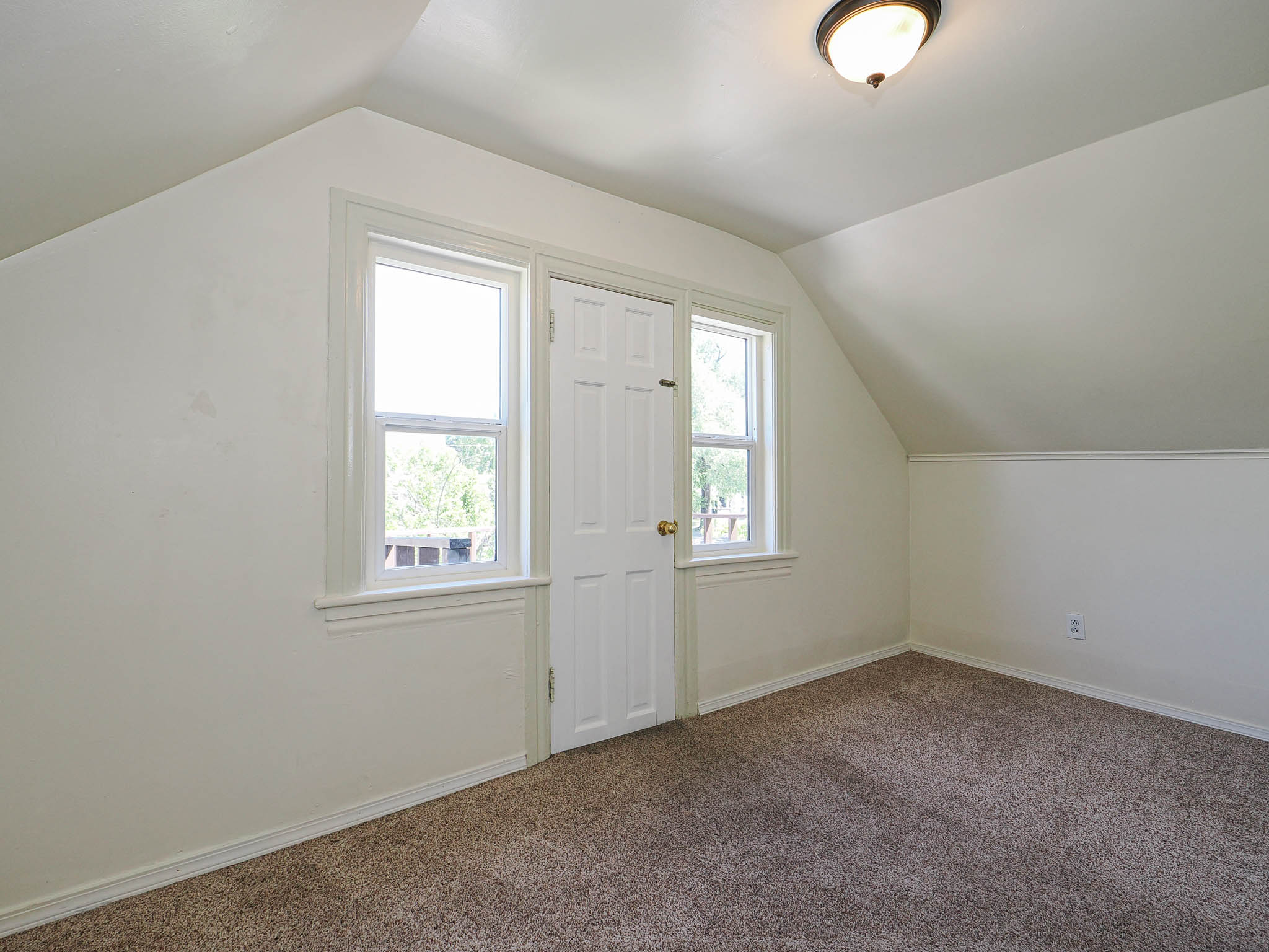 Carpeted room featuring a ceiling-mounted light fixture, two sash windows, and a paneled door