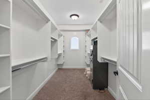 Walk-in closet featuring built-in white shelving, hanging rods, an arched window, overhead lighting, and carpet flooring