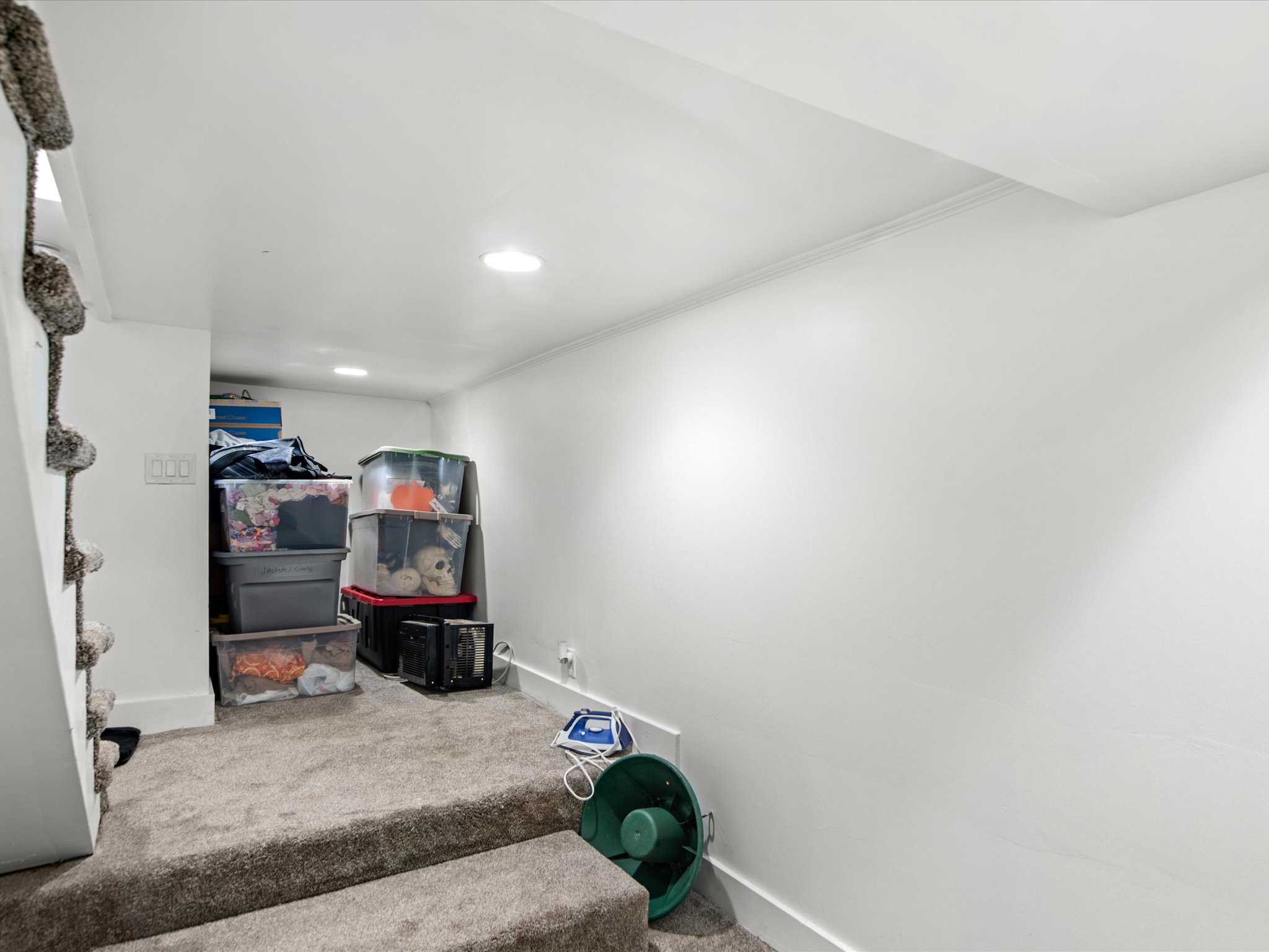Carpeted stairs leading to a lower level with recessed lighting