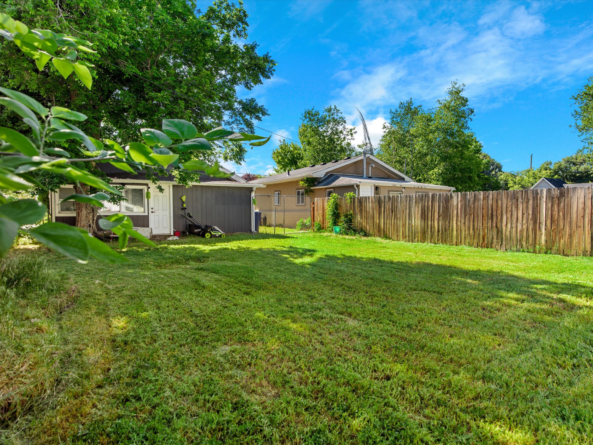 Expansive green lawn with mature trees and a privacy fence
