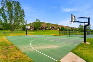 Outdoor basketball court featuring two hoops, a fenced perimeter, and a light green surface with white court linesAerial views of Burgi Hill Park adjacent to Valais