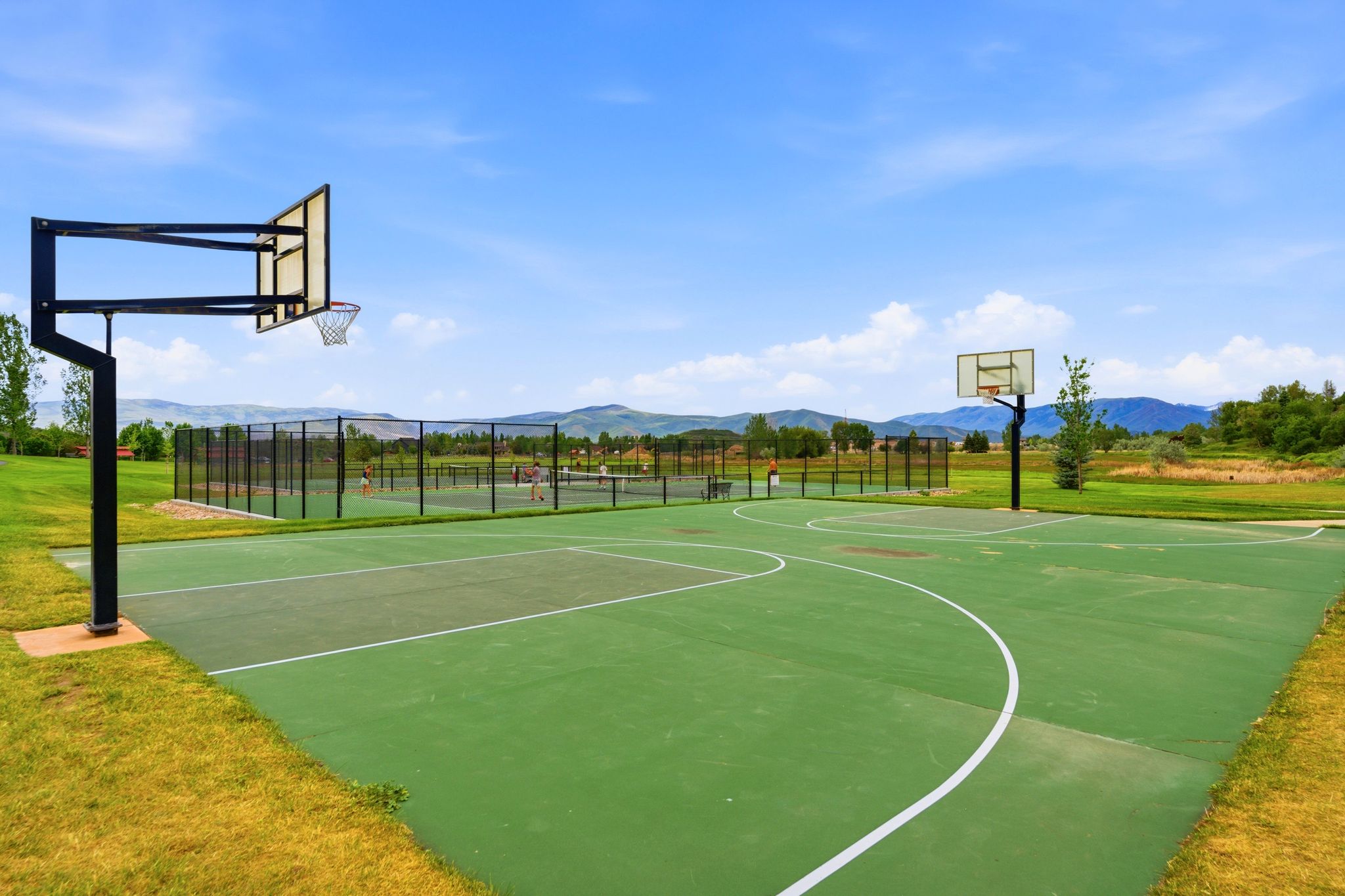 Outdoor sports court featuring basketball hoops, a green playing surface with white line markings, and surrounding open spaceAerial views of Burgi Hill Park adjacent to Valais