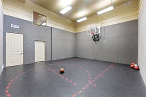 Indoor sports court featuring a mounted basketball hoop and marked court lines