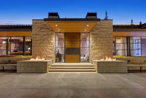 Modern architectural facade featuring stone block construction