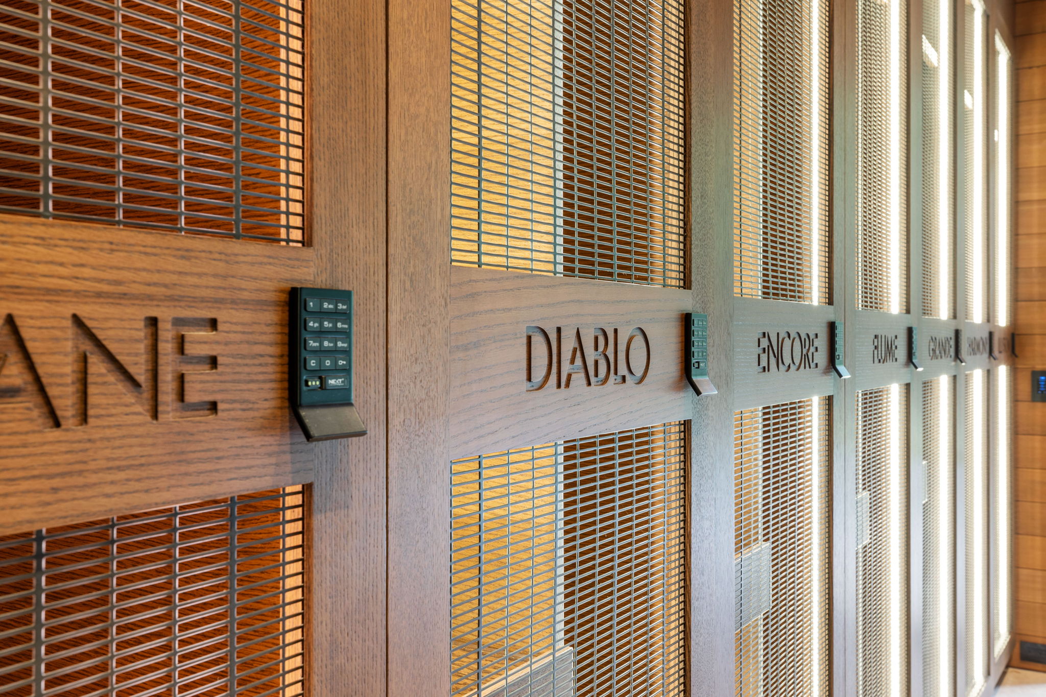 Wood-finish paneling with integrated wire mesh details