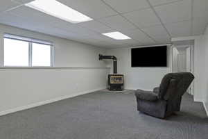 Carpeted entertainment area featuring a mounted television and a built-in wood-burning stove with a black pipe vent