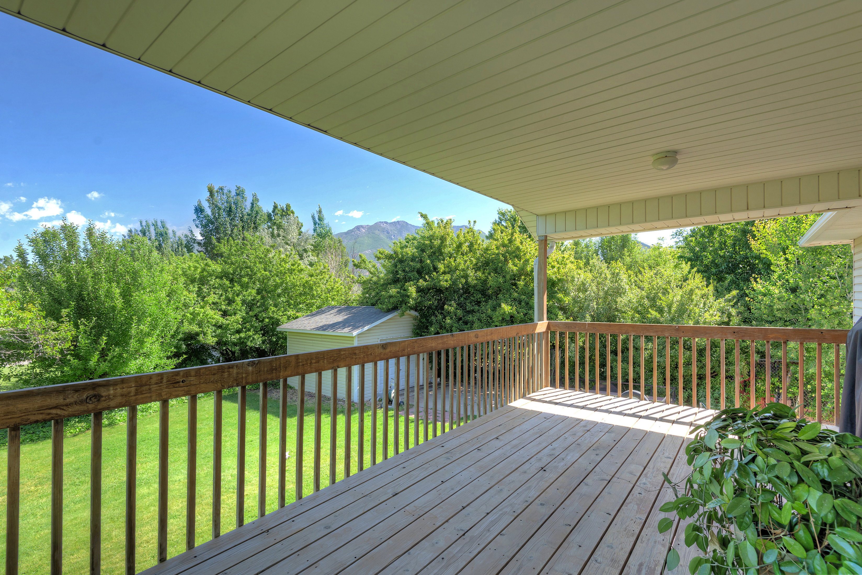 Spacious outdoor deck featuring natural wood railing and flooring, covered ceiling, and expansive green foliage beyond