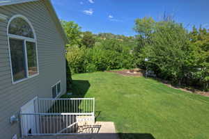 Expansive green lawn with mature trees and a dedicated fire pit area