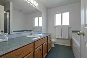 Bathroom featuring a wide vanity with a single basin, wood cabinetry, and a full-width mirror