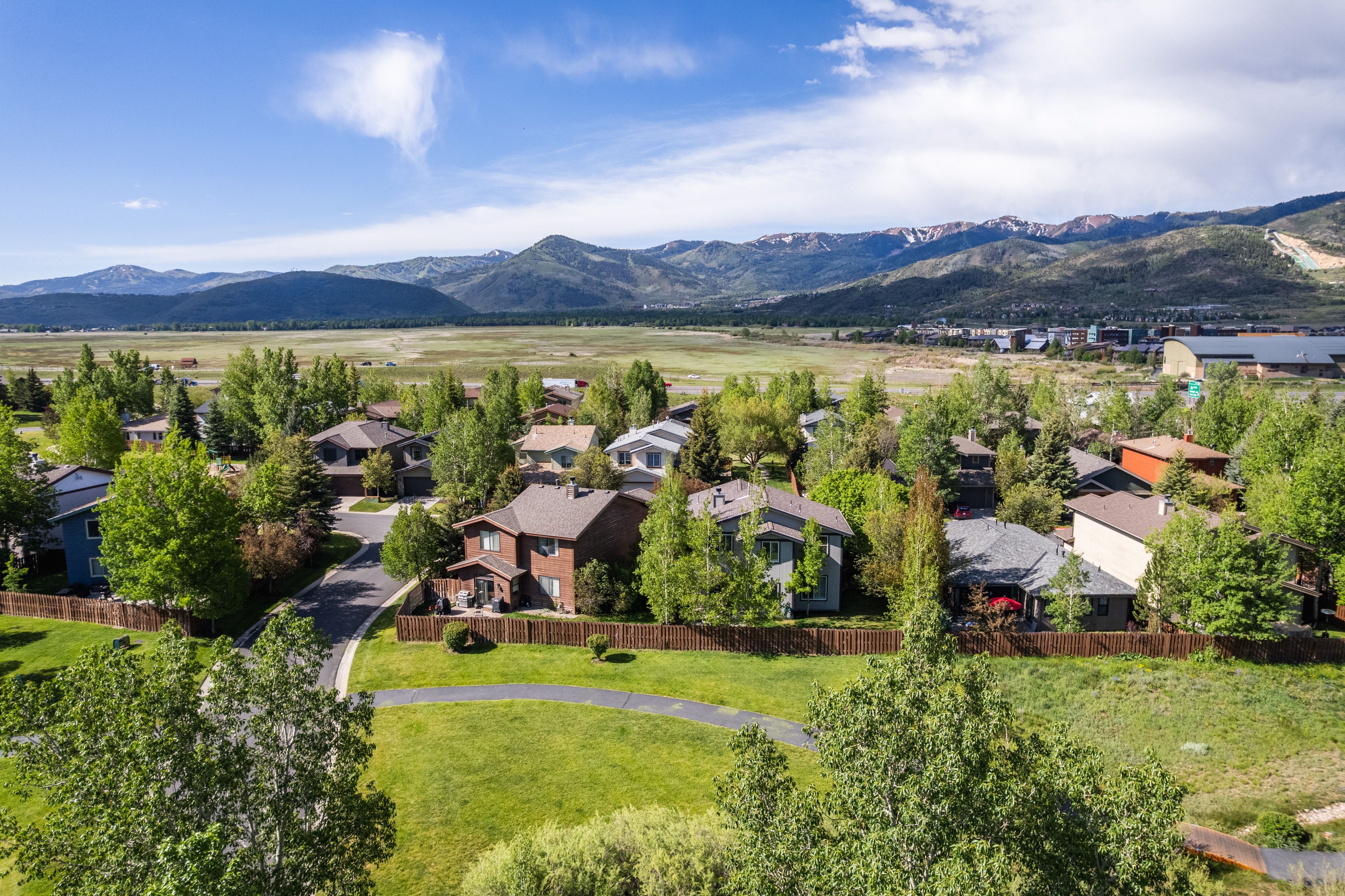 Aerial view showcasing a residential neighborhood with varied architectural styles, mature trees, and a paved street