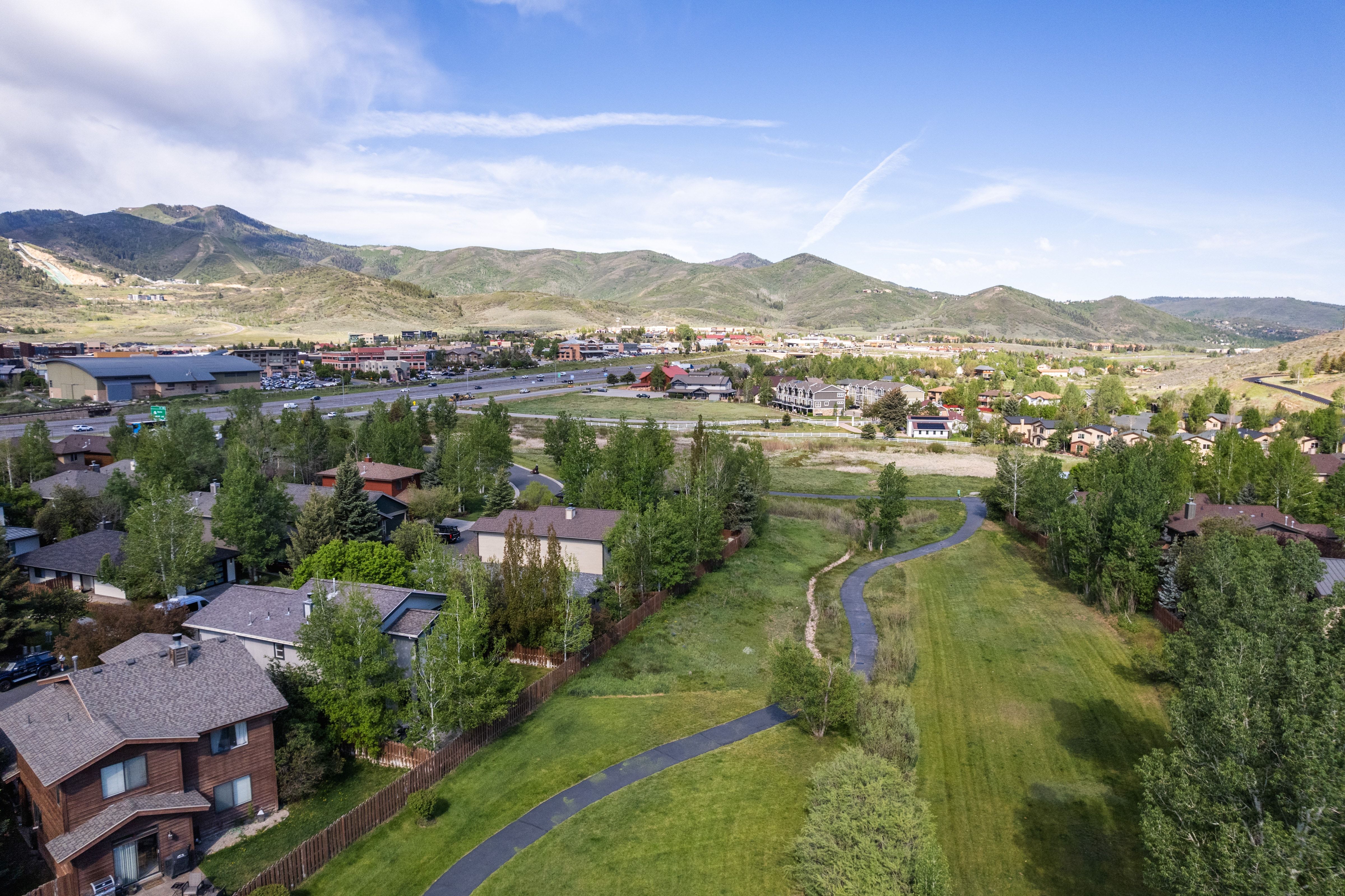 Aerial perspective showcasing a residential community with varied architectural styles