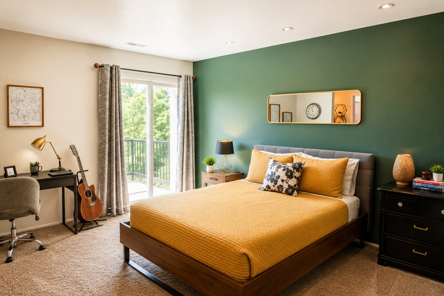 Primary Bedroom featuring a private balcony with a metal railing, recessed lighting, carpet flooring, a built-in wall niche, and a two-tone paint scheme