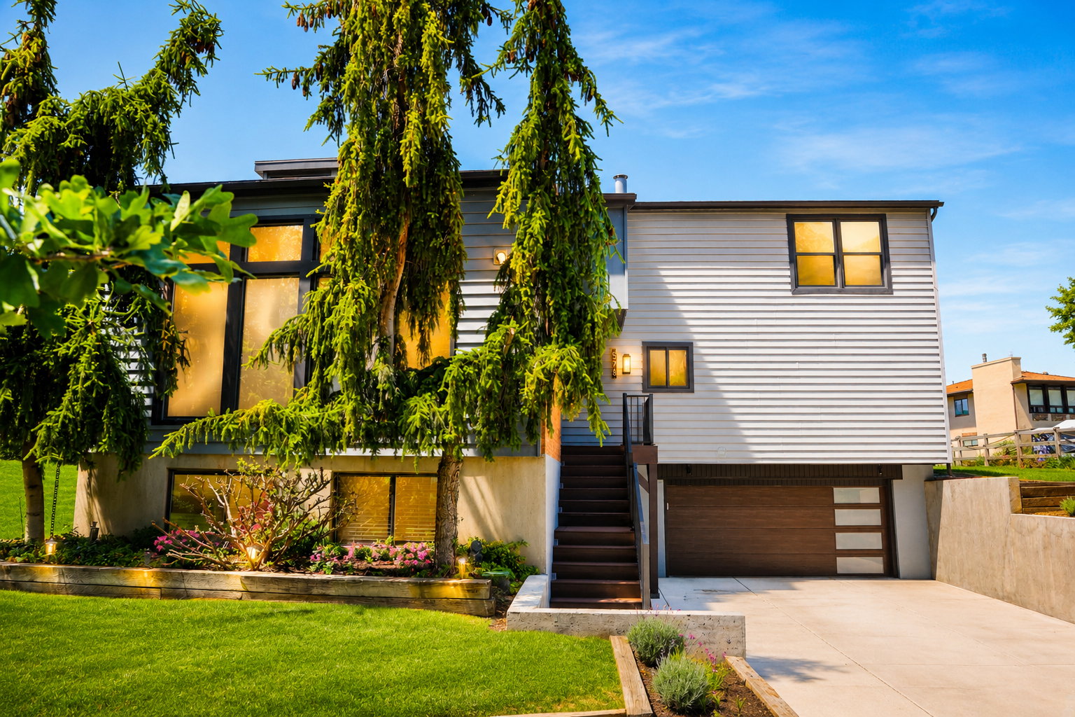 Contemporary multi-level exterior with horizontal siding, mature evergreen trees, and a concrete driveway