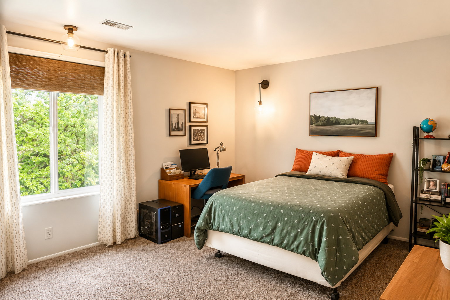 Spacious room featuring neutral wall paint, plush carpeting, a large window, and recessed ceiling lighting