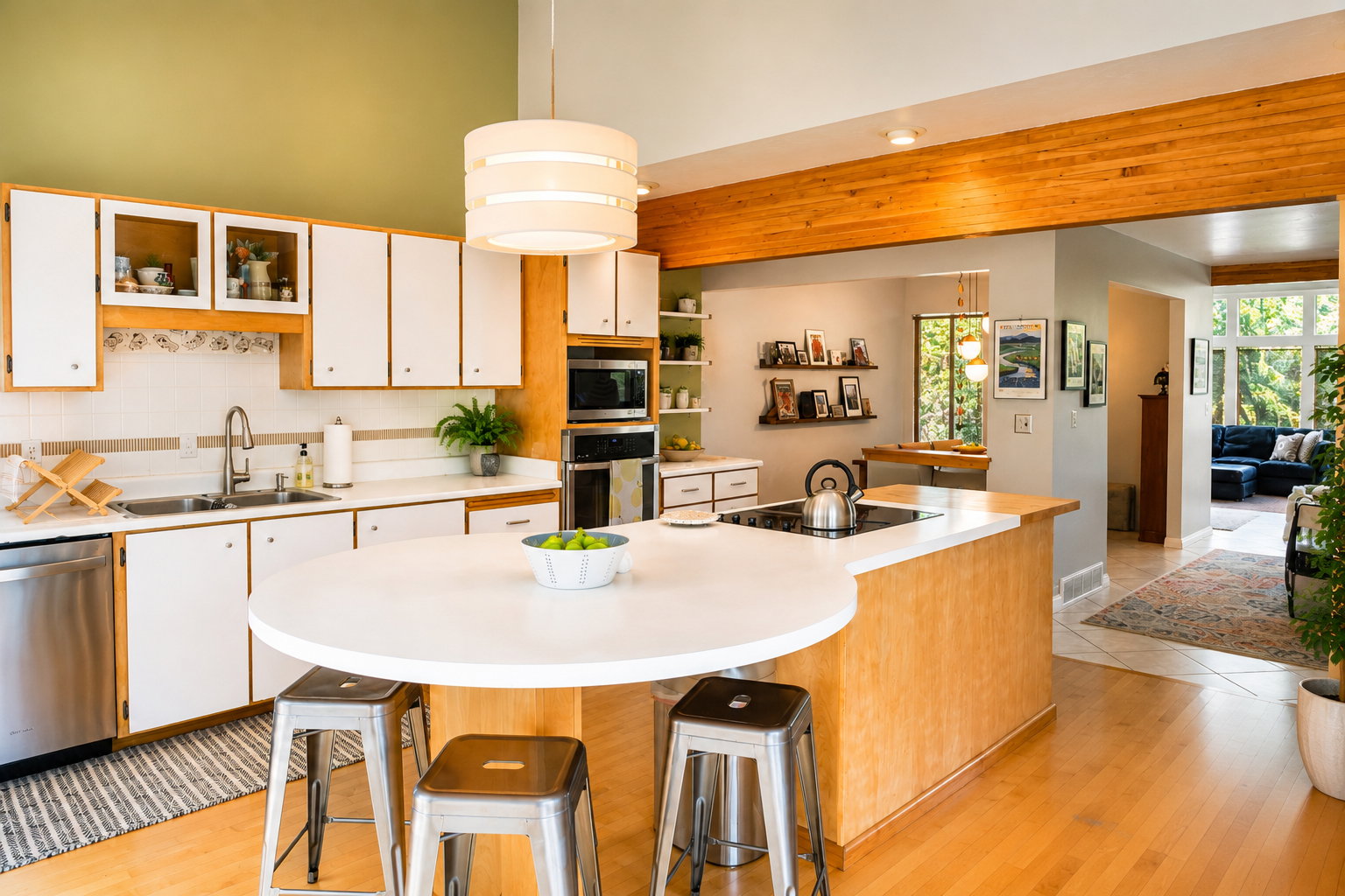 Kitchen featuring wood-finish flooring, white cabinetry, integrated oven and microwave, and a circular island with a built-in cooktop