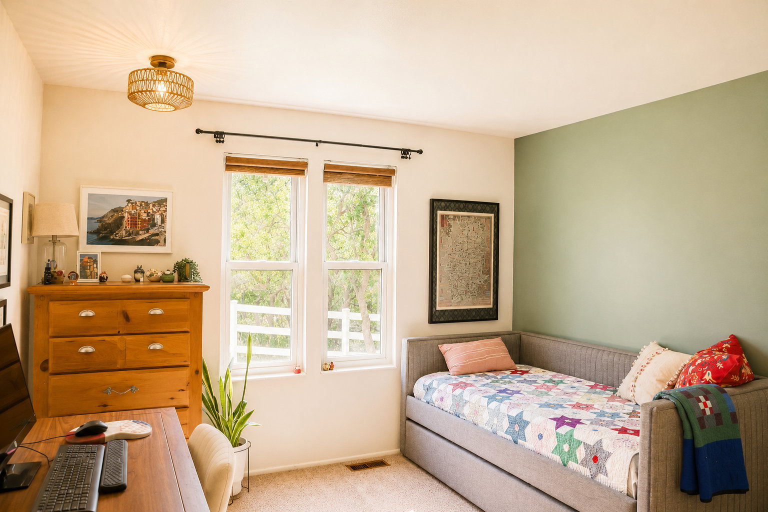 Bright room featuring a neutral color palette with an accent wall