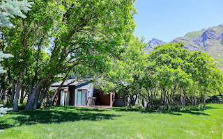 Expansive grassy area featuring mature trees and a mountain backdrop