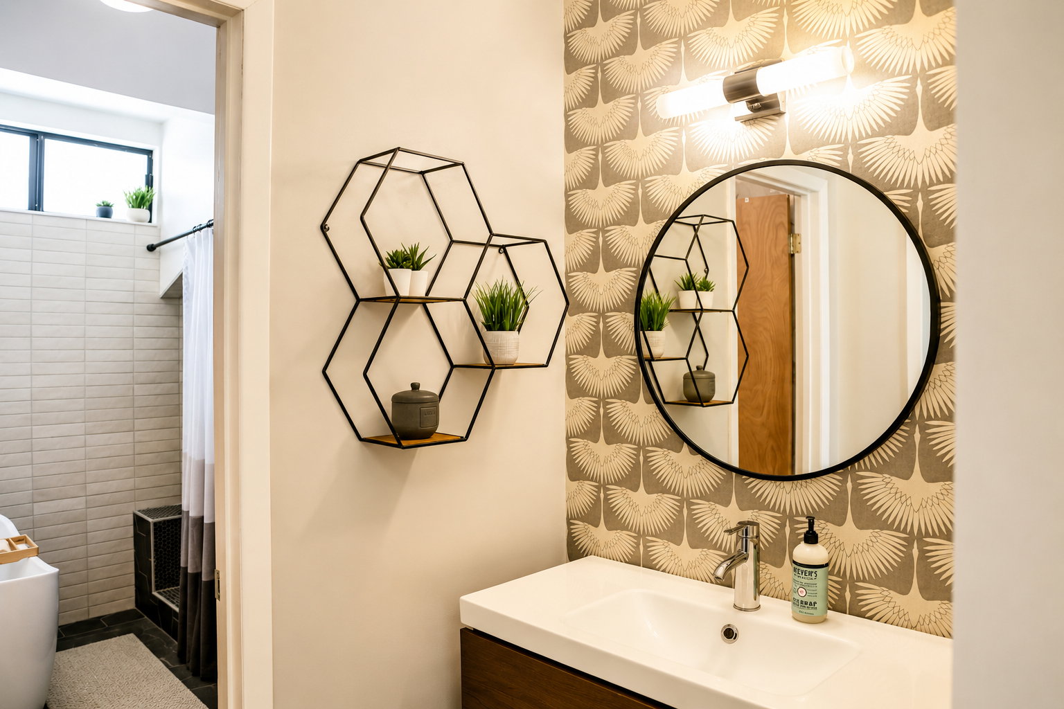 Bathroom featuring a single vanity with a white countertop and chrome faucet