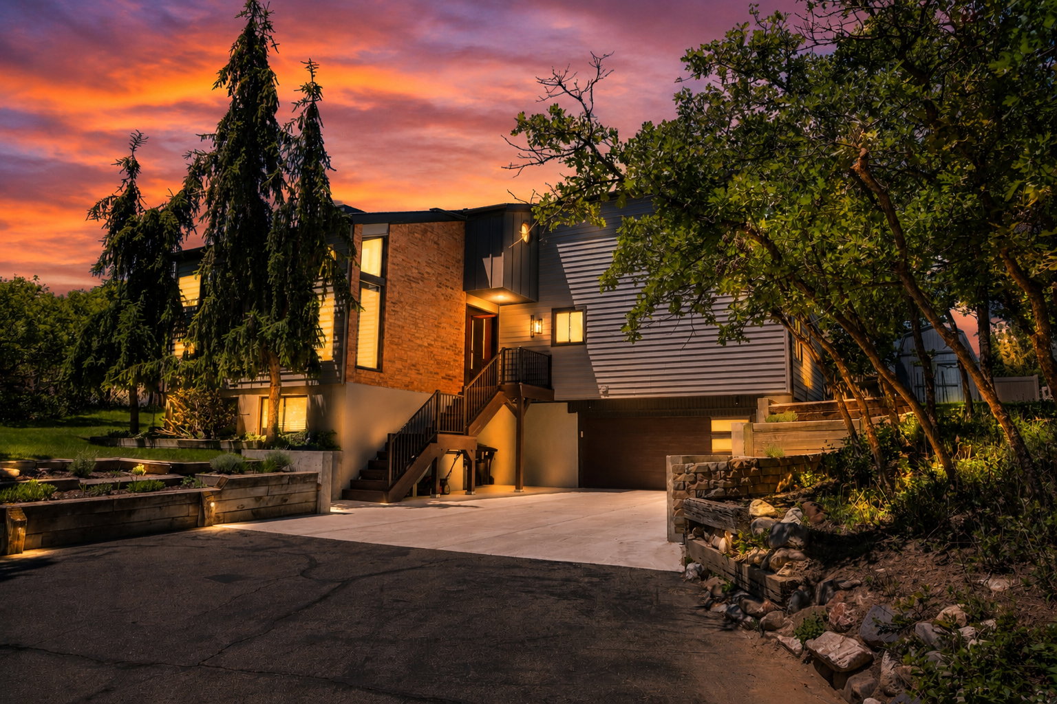 Contemporary architectural design featuring a brick facade and horizontal siding