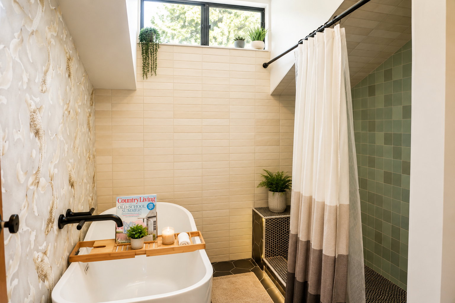 Freestanding soaking tub with wall-mounted matte black faucet, hexagonal floor tiling, and a tiled shower stall with pebble-finish flooring
