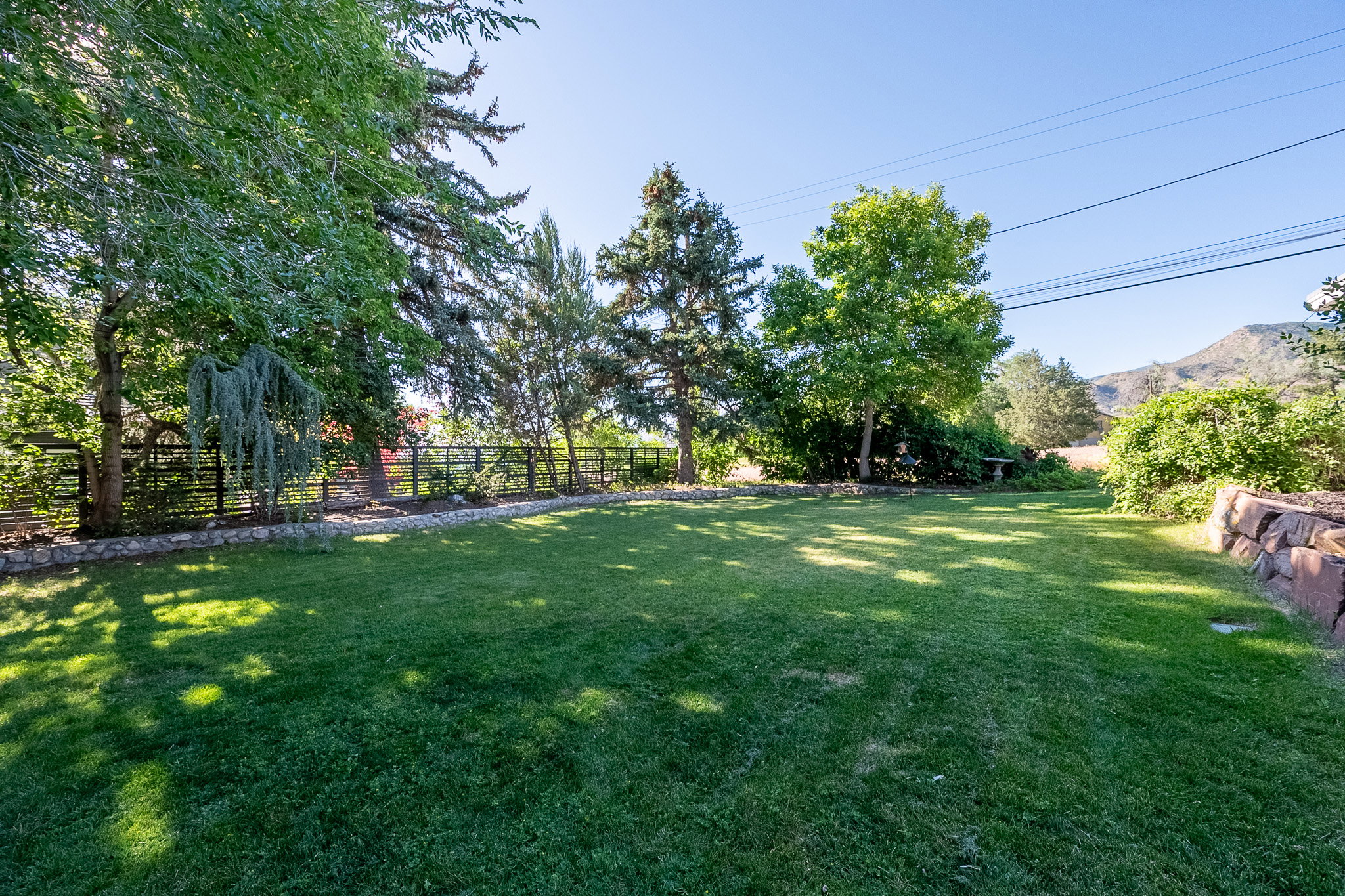 Shady idyllic backyard with green lawn surrounded by mature trees and natural stone retaining wall