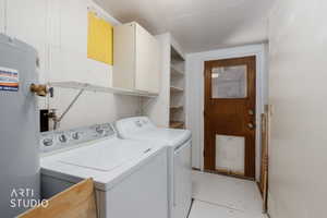 Utility room featuring a water heater, built-in shelving, overhead cabinetry, and a wood-panel exterior door with a window