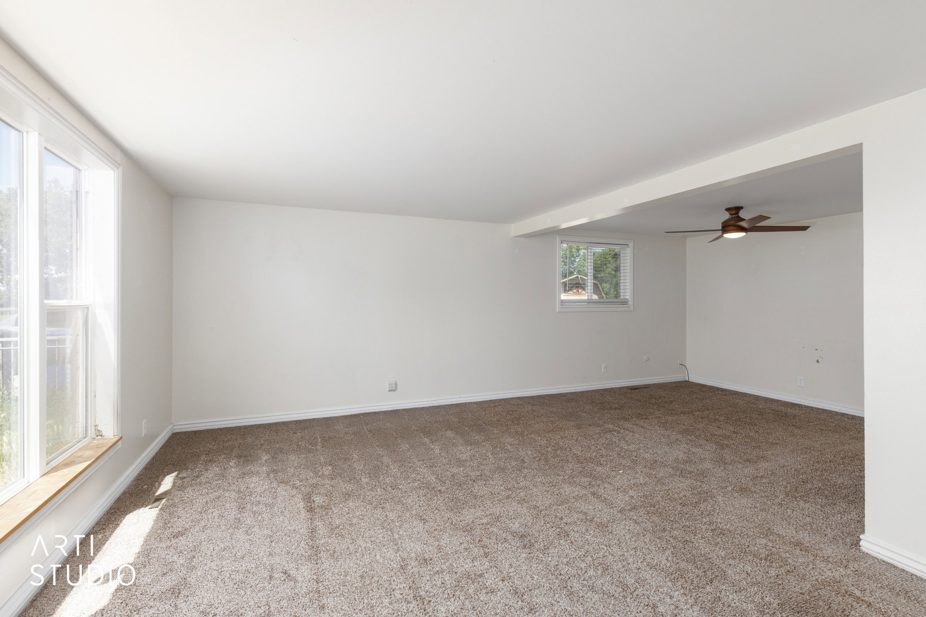 Spacious room featuring neutral carpeting, white walls, multiple windows, a ceiling fan, and white trim