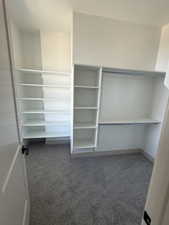 Built-in closet system featuring multiple shelves and hanging rods, complemented by patterned carpet flooring