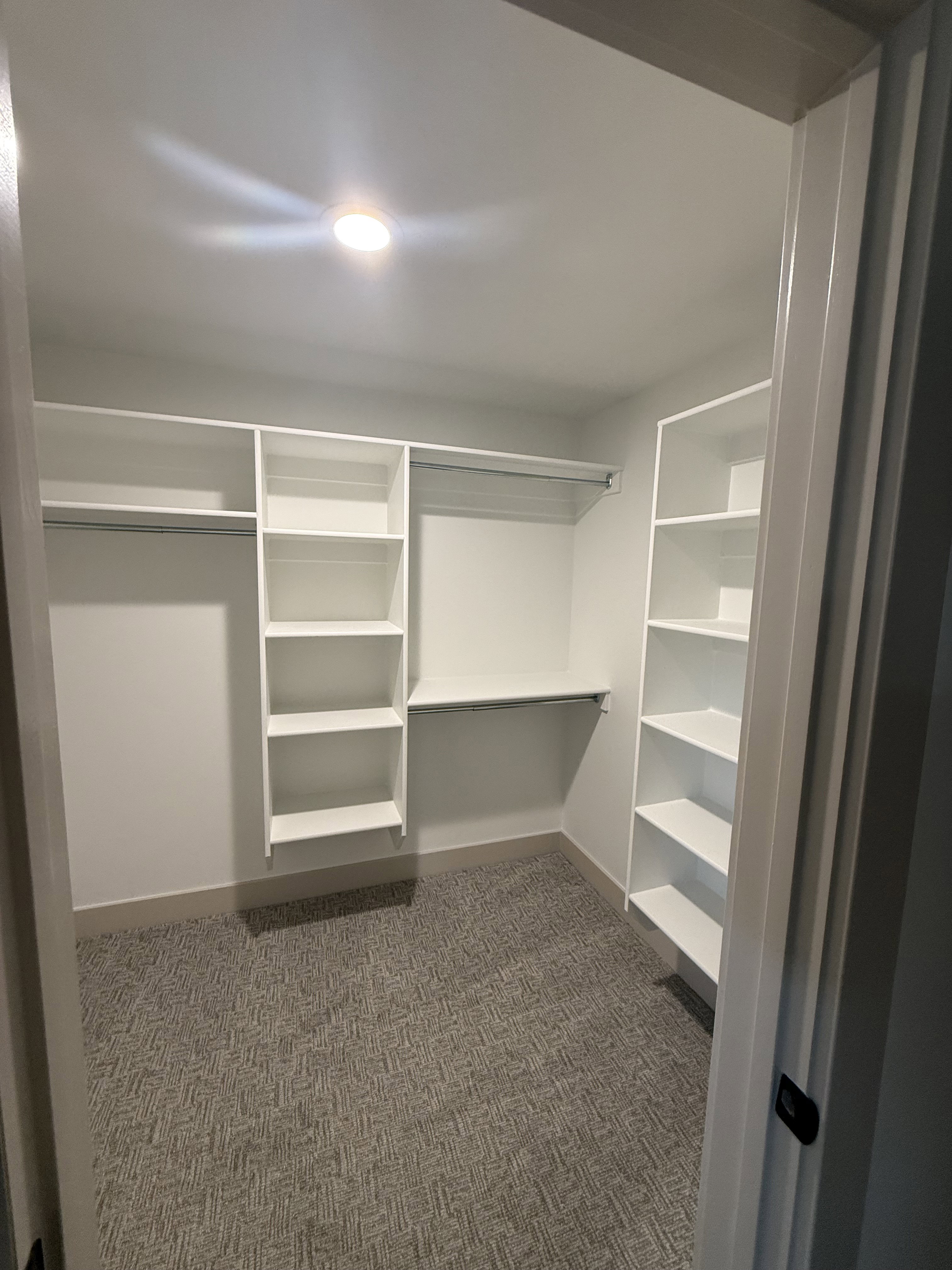 Walk-in closet featuring built-in white shelving, hanging rods, and patterned carpet flooring