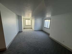 Spacious interior featuring patterned carpeting, recessed lighting, and two windows with horizontal blinds
