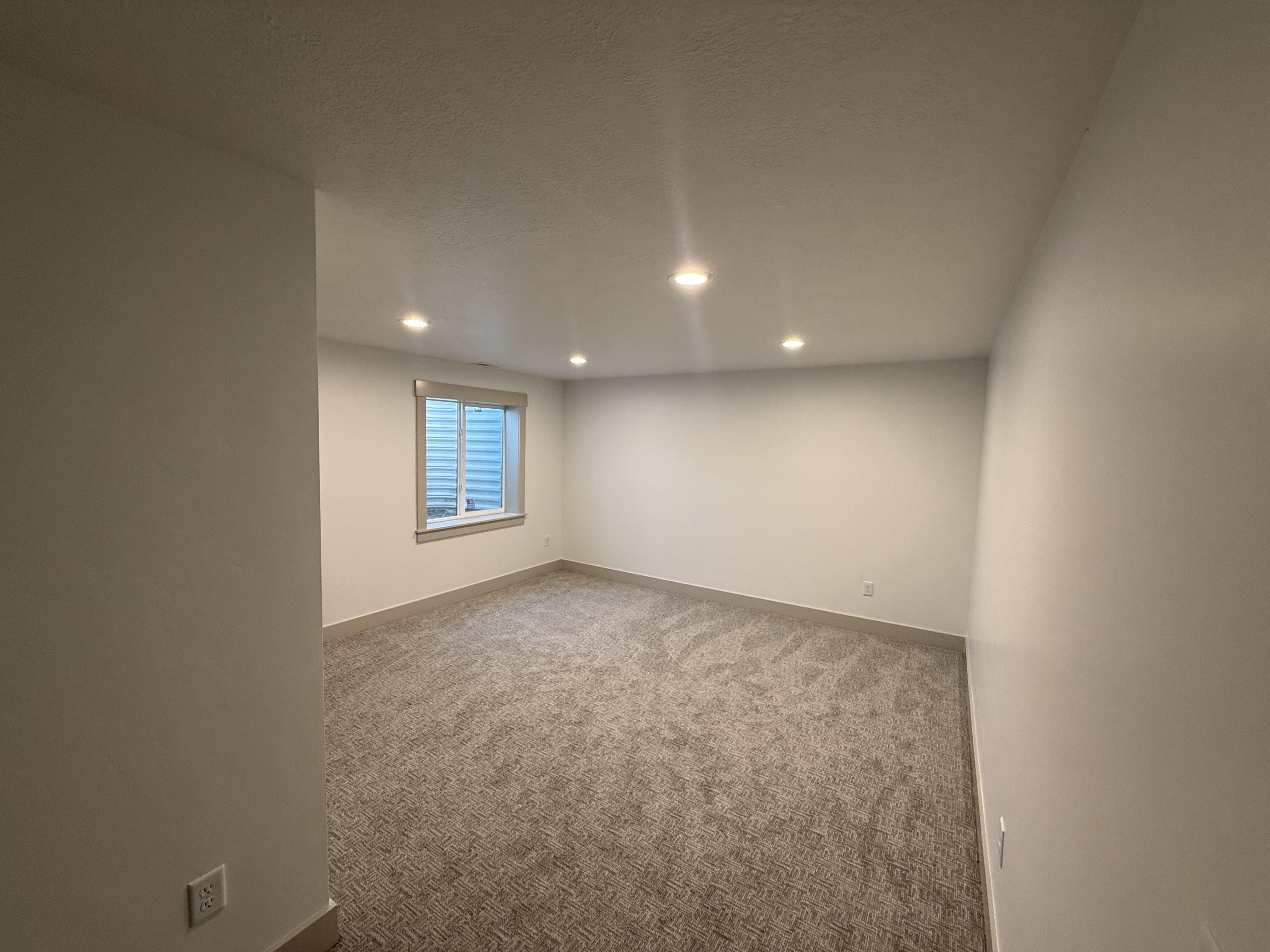 Spacious room featuring neutral carpeting, recessed ceiling lighting, and a window with white trim