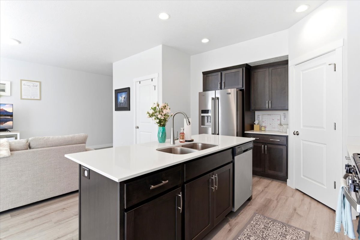 Kitchen island with a white countertop and dark wood-finish cabinetry, featuring a stainless steel double sink and dishwasher