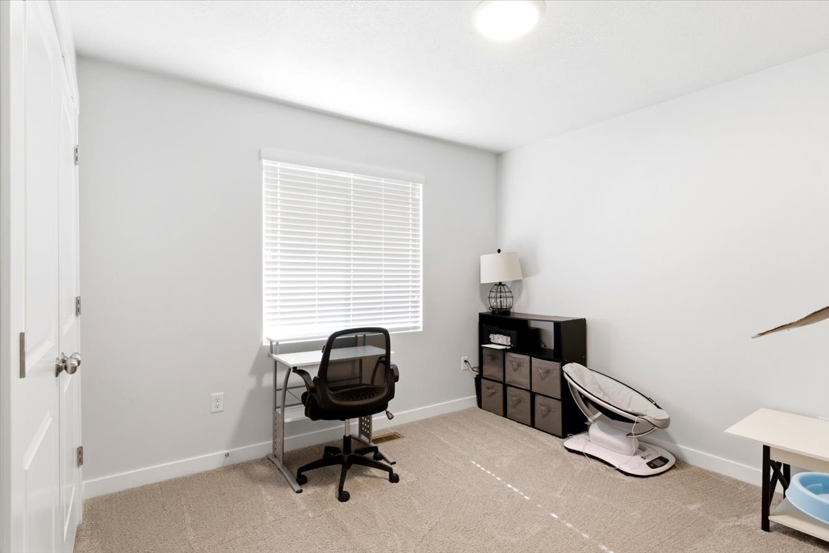 Carpeted room featuring a window with horizontal blinds, white walls, and a white ceiling with a flush-mount light fixture