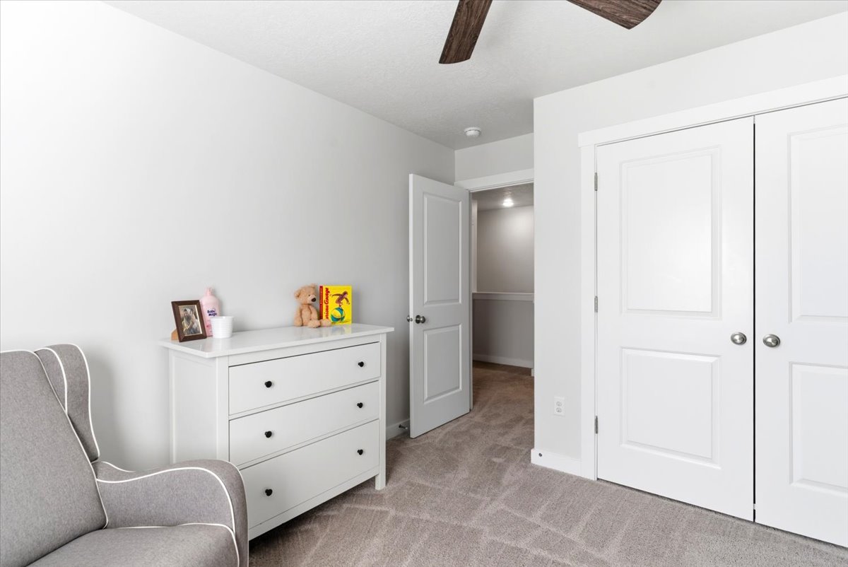 Neutral wall finishes paired with textured carpeting