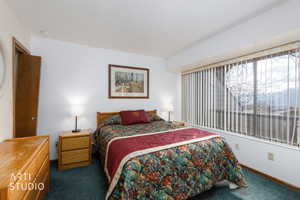 Bedroom featuring a full-width window with vertical blinds, light blue carpeting, and a white ceiling
