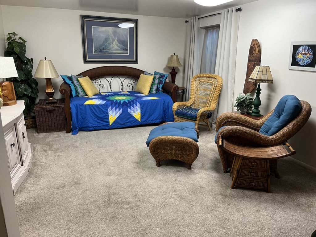 Carpeted room featuring a window with white drapes, a white built-in cabinet, and recessed lighting