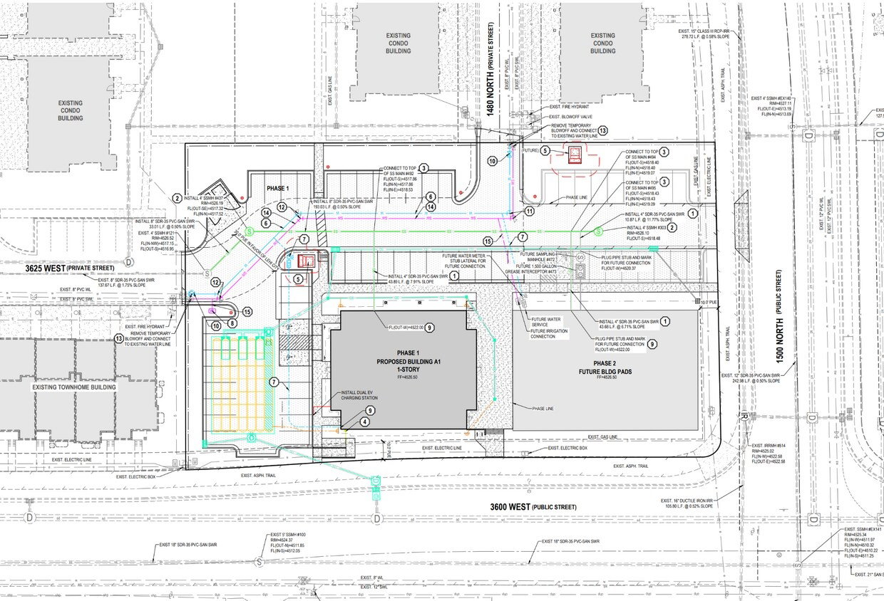 Site Plan. Illustrating the proposed development, existing structures, and utility infrastructure for the property