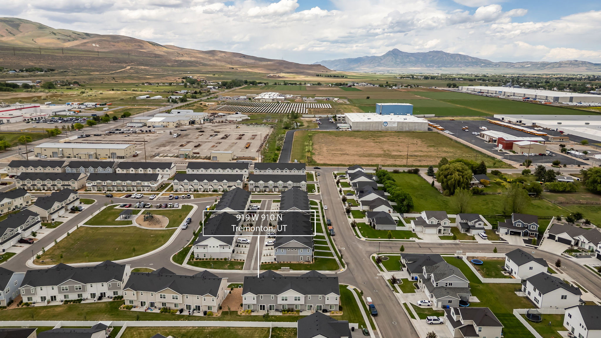 Aerial perspective showcasing a residential development with varied housing styles