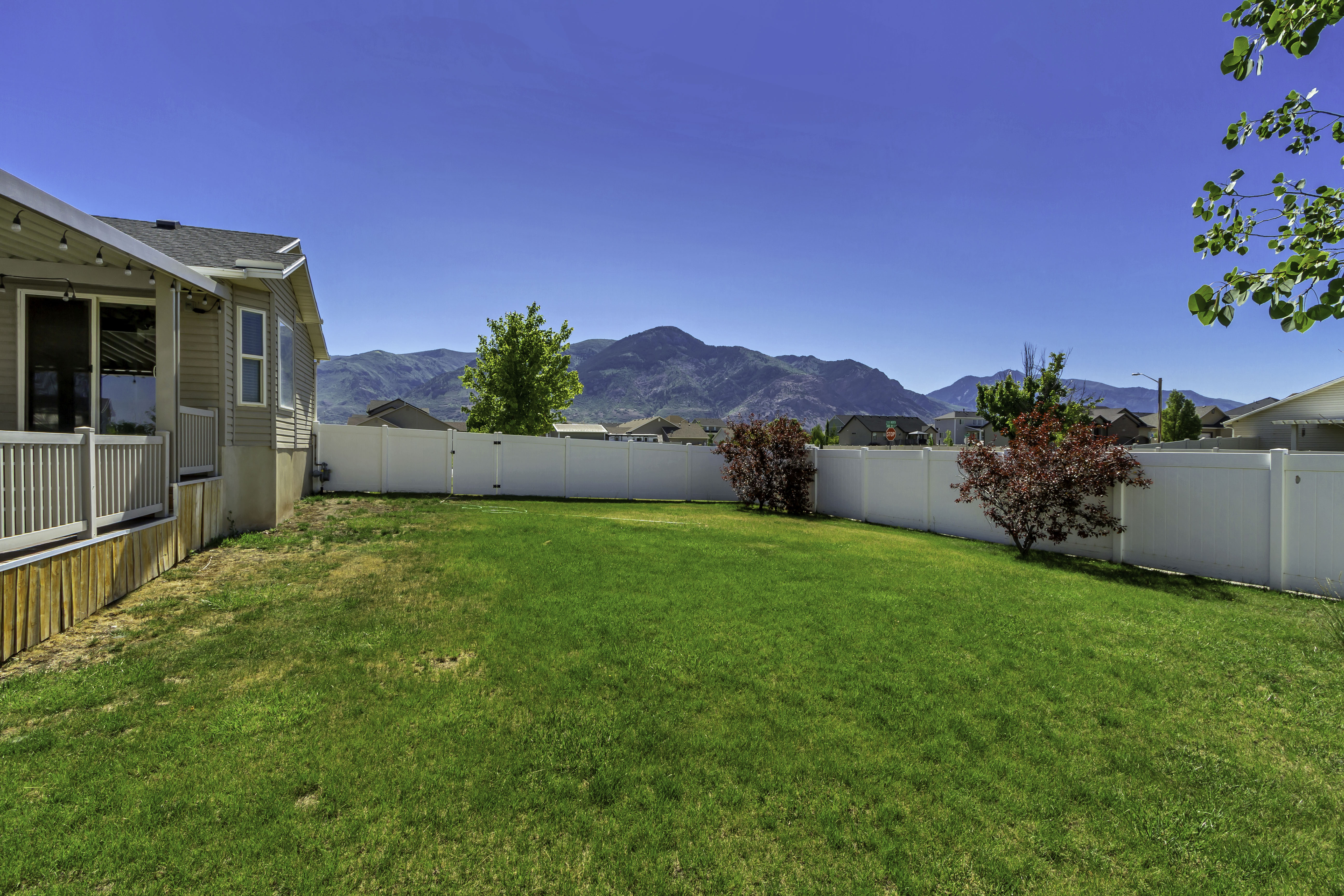 Spacious backyard featuring a manicured lawn, white vinyl fencing, and mature landscaping
