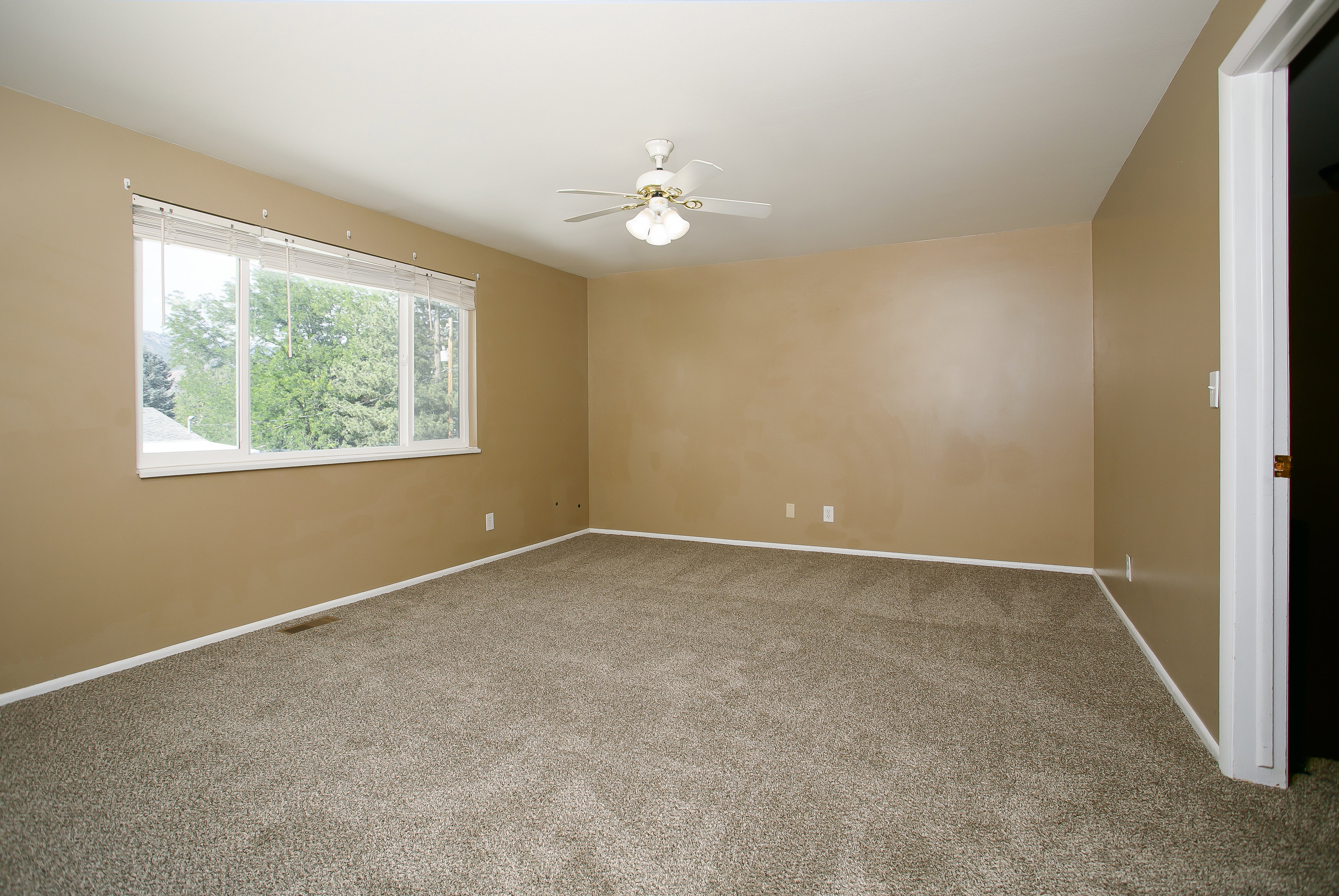 Spacious room featuring neutral wall tones, textured carpeting, and a multi-pane window